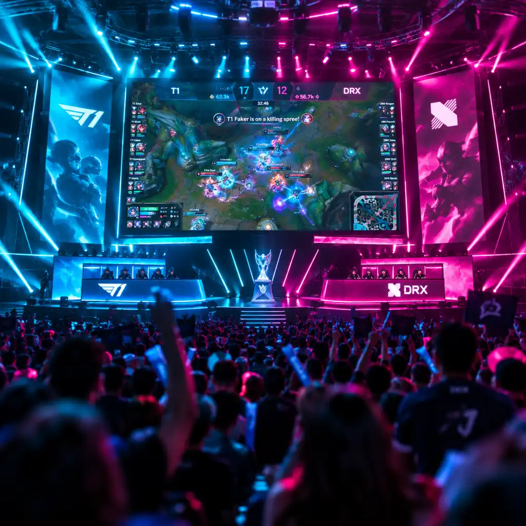 Crowded esports arena during a major tournament with cyan and magenta stage lights