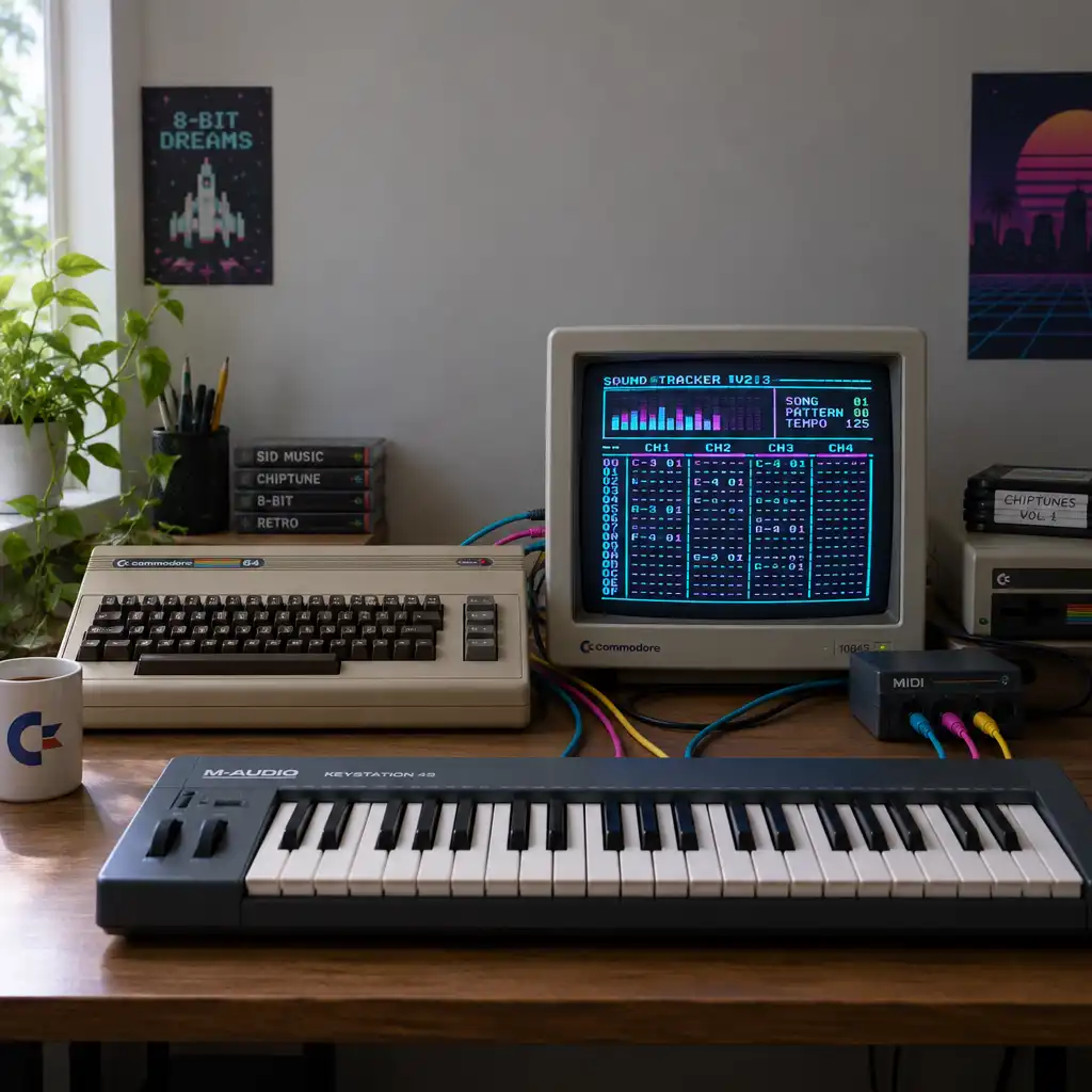 A vintage chiptune synthesizer setup with a Commodore 64 and MIDI keyboard