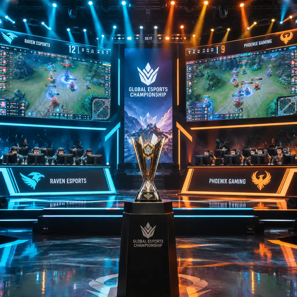 Tournament stage with multiple teams at computers and a trophy in the foreground