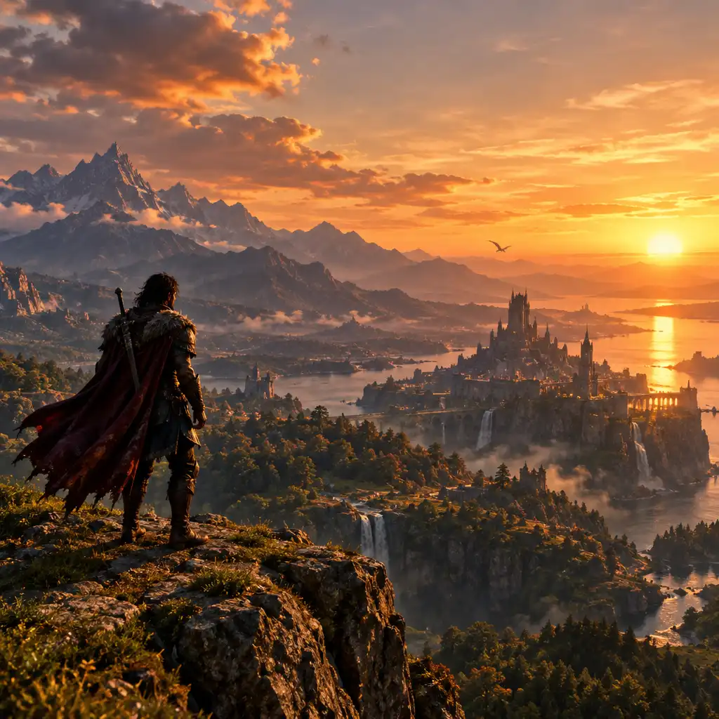 A hero character stands on a cliff overlooking a vast fantasy landscape at sunset, representing the featured Elden Ring walkthrough guide.