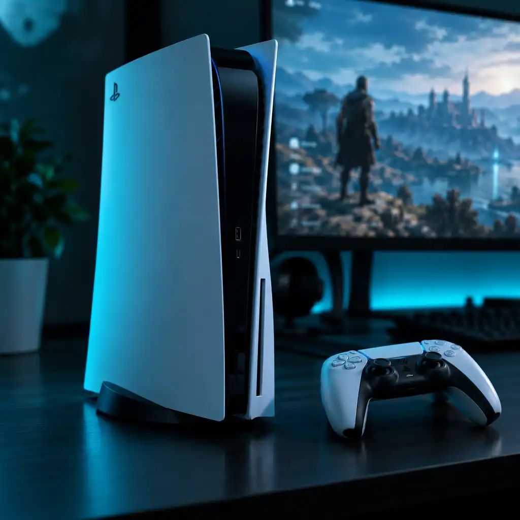 New gaming console on a dark desk with a controller and monitor