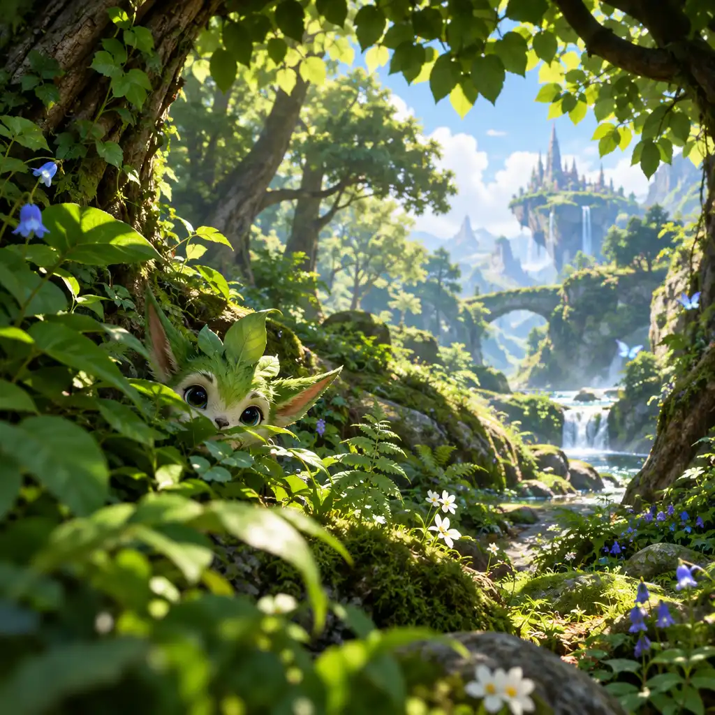 Lush green forest in a fantasy game with a small creature hiding among the foliage.