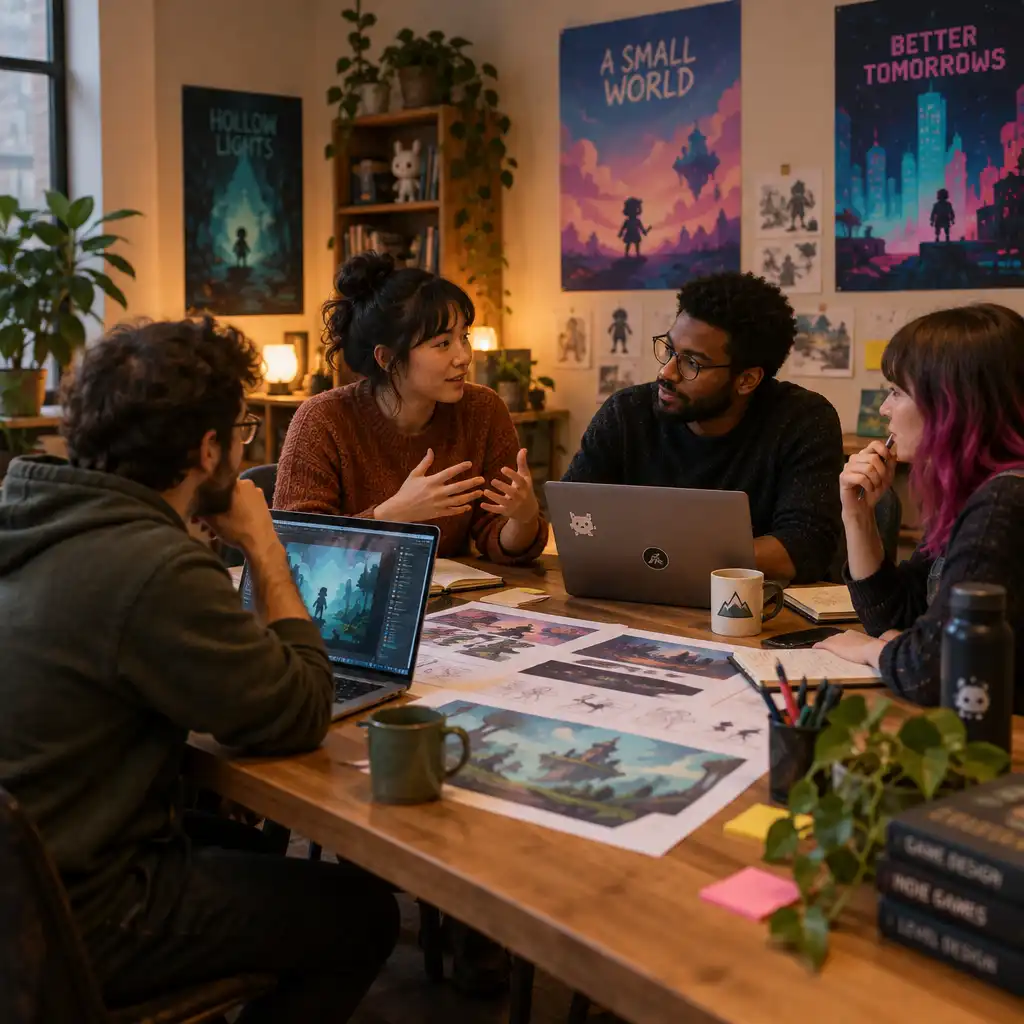 Indie developers collaborating around a table with laptops and concept art